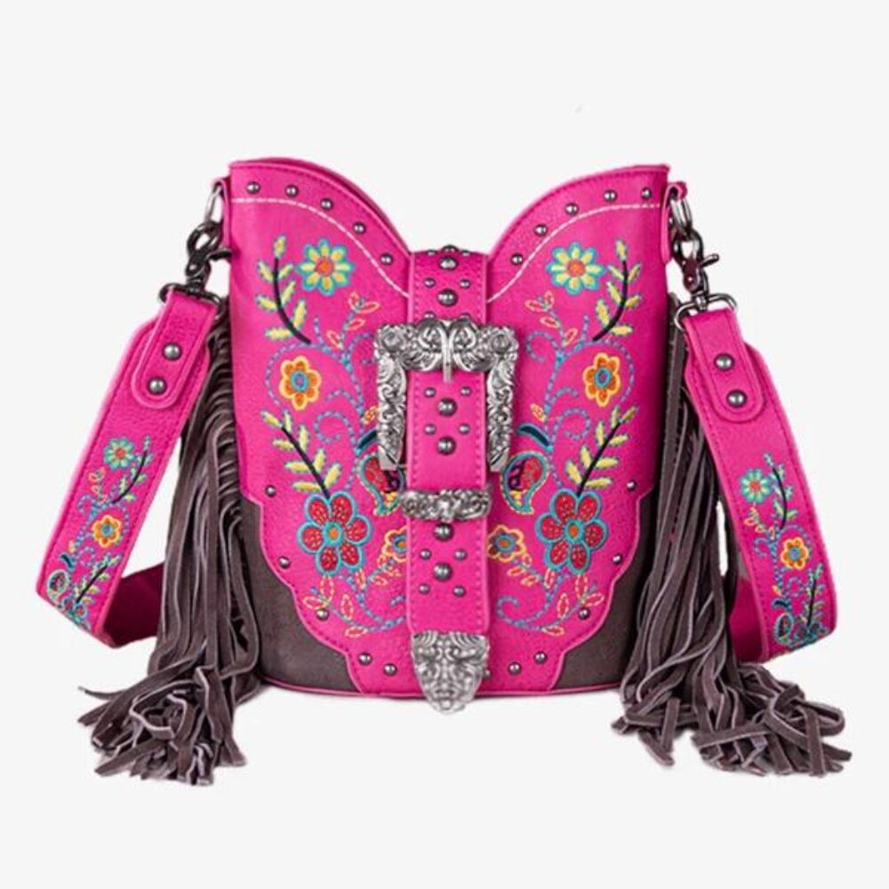 Montana West Western Hot Pink Handbag Silver Belt Buckle Hippie Fringe Purse - Picture 3 of 12